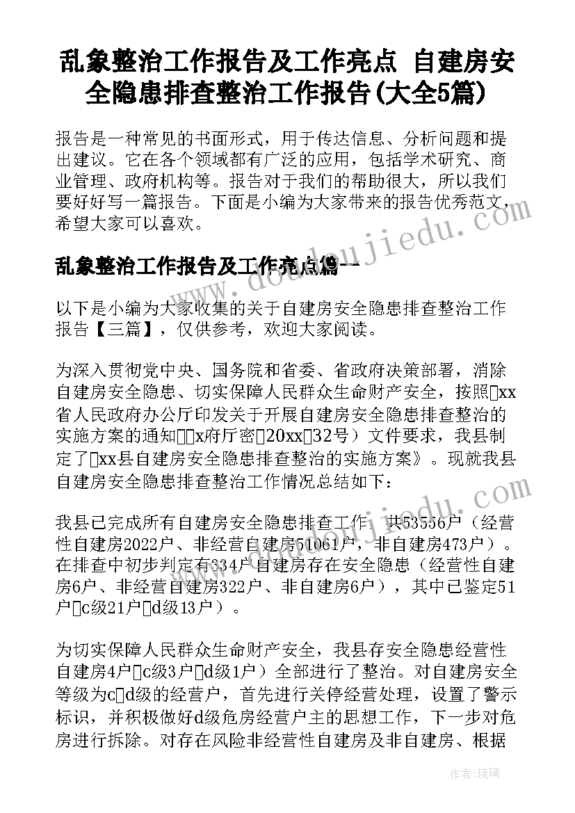 乱象整治工作报告及工作亮点 自建房安全隐患排查整治工作报告(大全5篇)