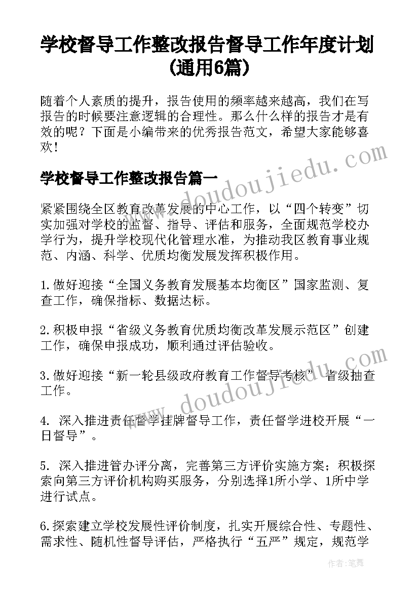 学校督导工作整改报告 督导工作年度计划(通用6篇)