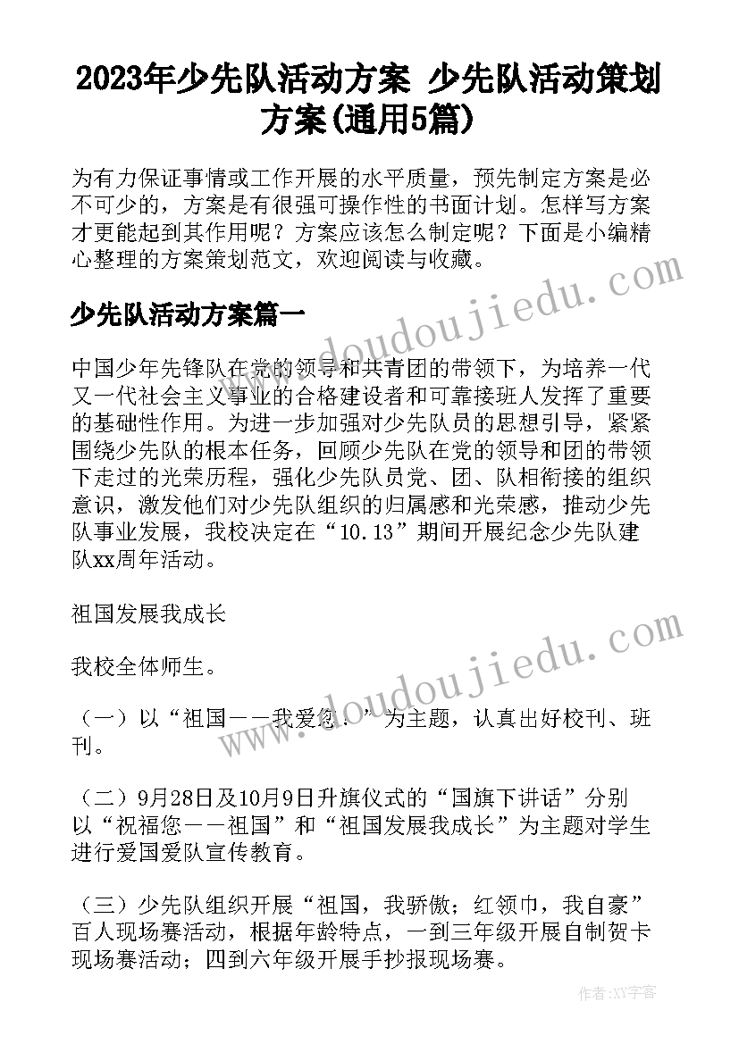 2023年少先队活动方案 少先队活动策划方案(通用5篇)