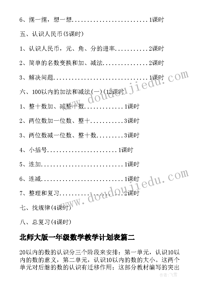 最新北师大版一年级数学教学计划表(通用5篇)