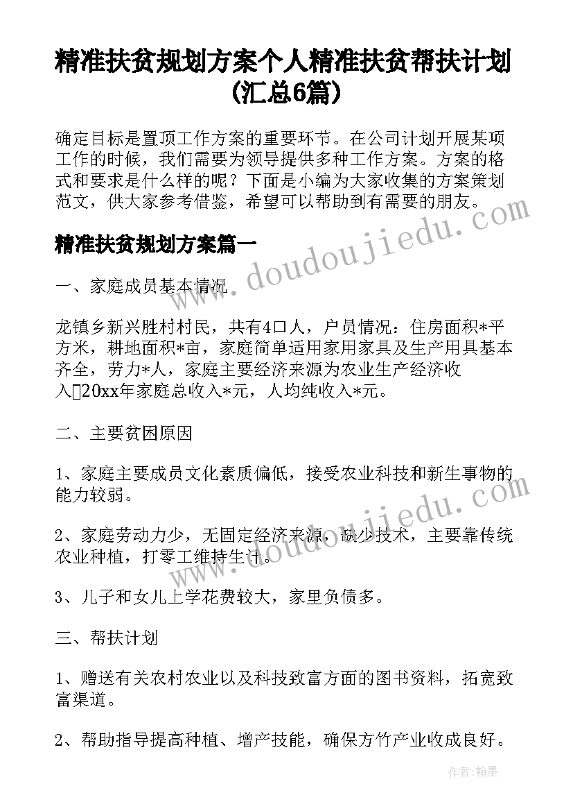 精准扶贫规划方案 个人精准扶贫帮扶计划(汇总6篇)