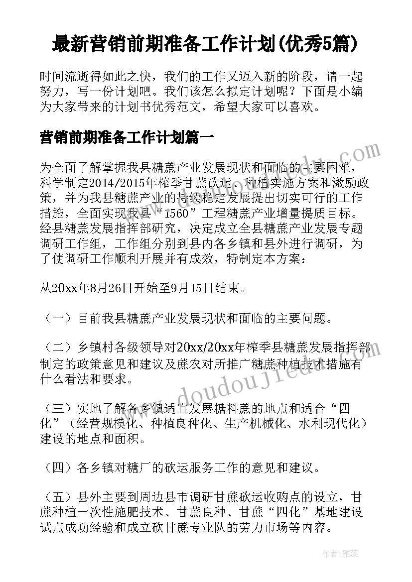 最新营销前期准备工作计划(优秀5篇)