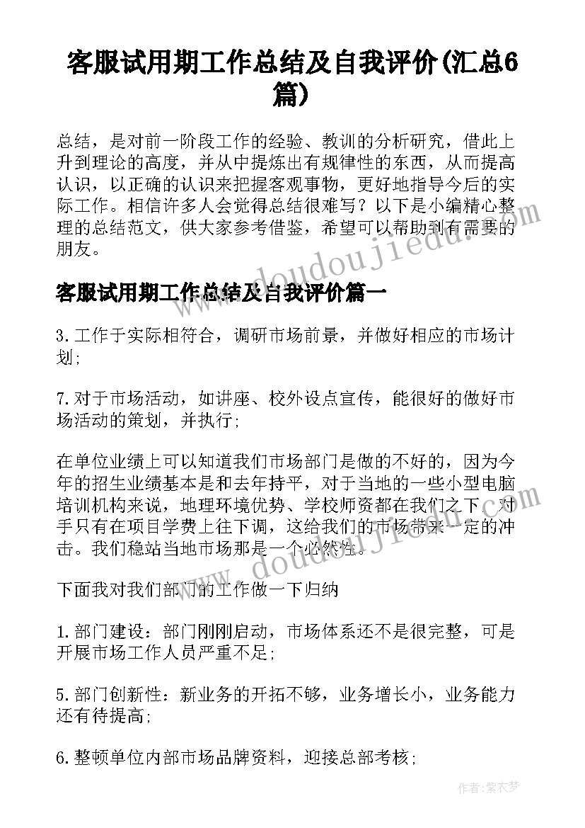 客服试用期工作总结及自我评价(汇总6篇)