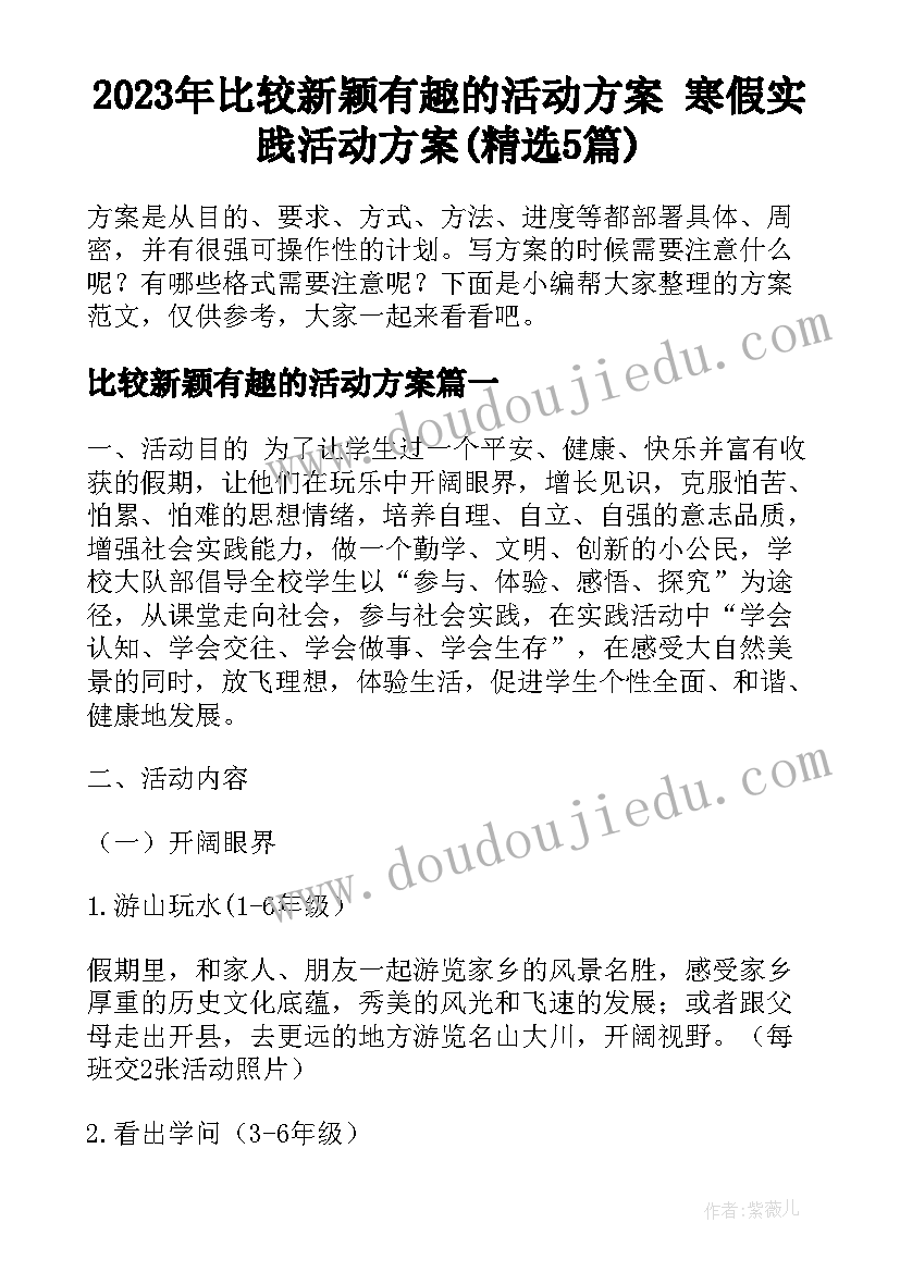 2023年比较新颖有趣的活动方案 寒假实践活动方案(精选5篇)