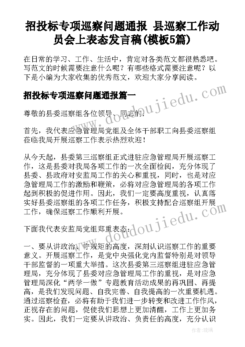 招投标专项巡察问题通报 县巡察工作动员会上表态发言稿(模板5篇)