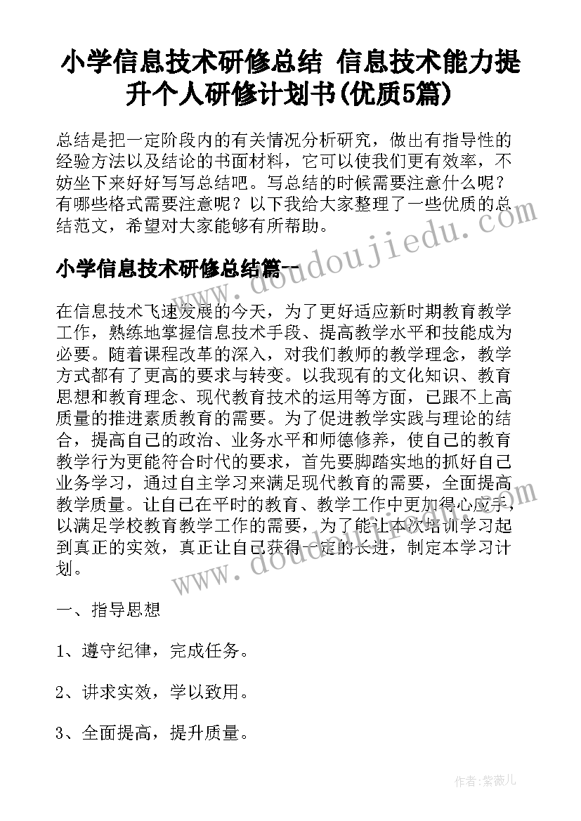 小学信息技术研修总结 信息技术能力提升个人研修计划书(优质5篇)