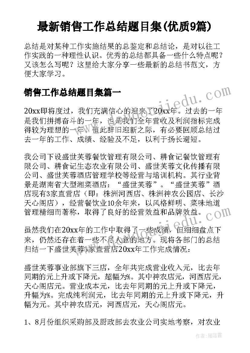 最新销售工作总结题目集(优质9篇)