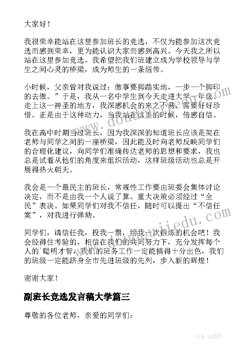 副班长竞选发言稿大学 大学生竞选班长演讲稿(通用5篇)