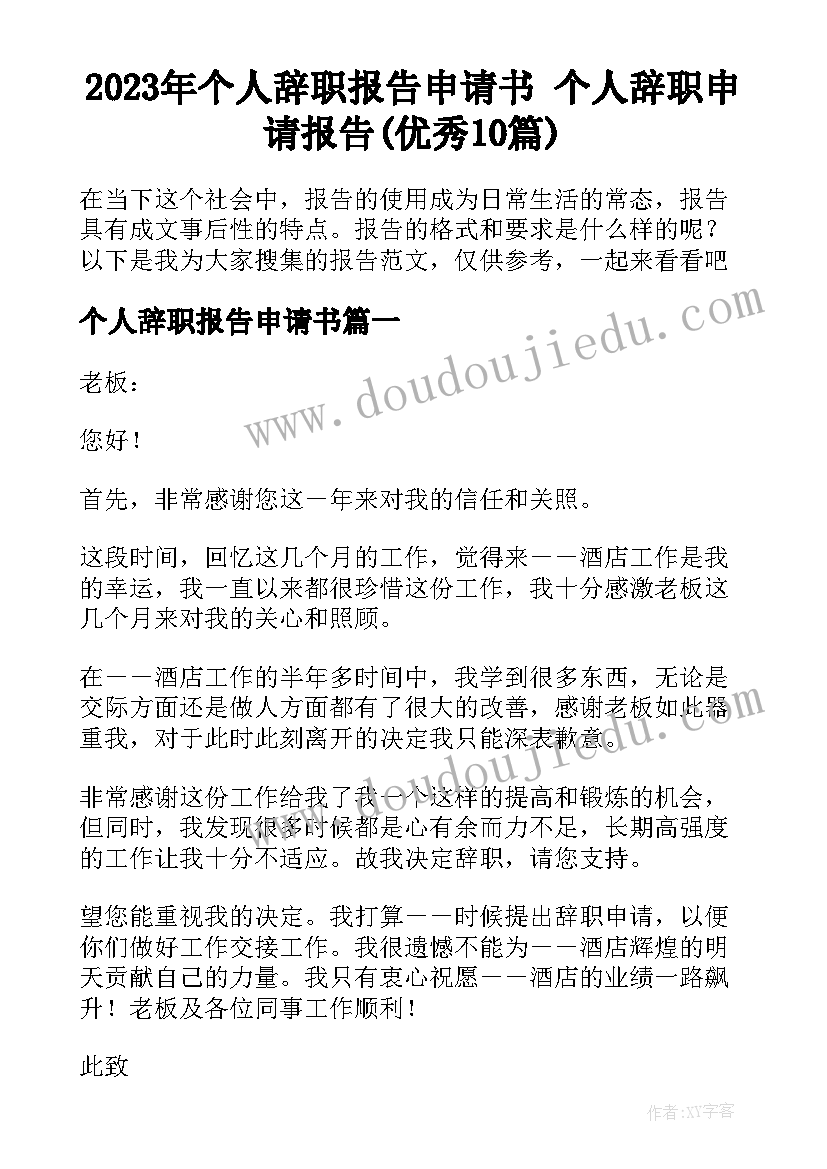 2023年个人辞职报告申请书 个人辞职申请报告(优秀10篇)