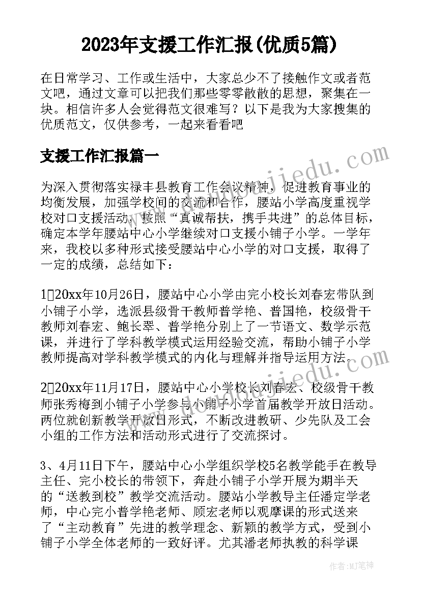 2023年支援工作汇报(优质5篇)