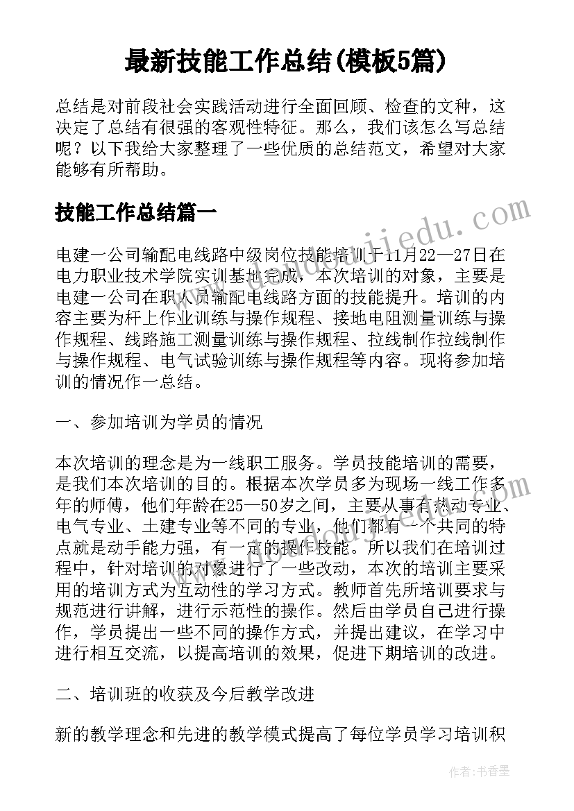 最新技能工作总结(模板5篇)