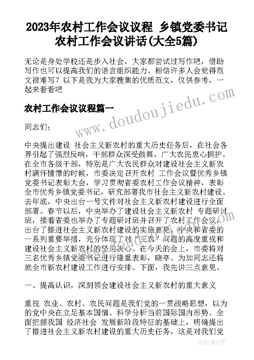 2023年农村工作会议议程 乡镇党委书记农村工作会议讲话(大全5篇)