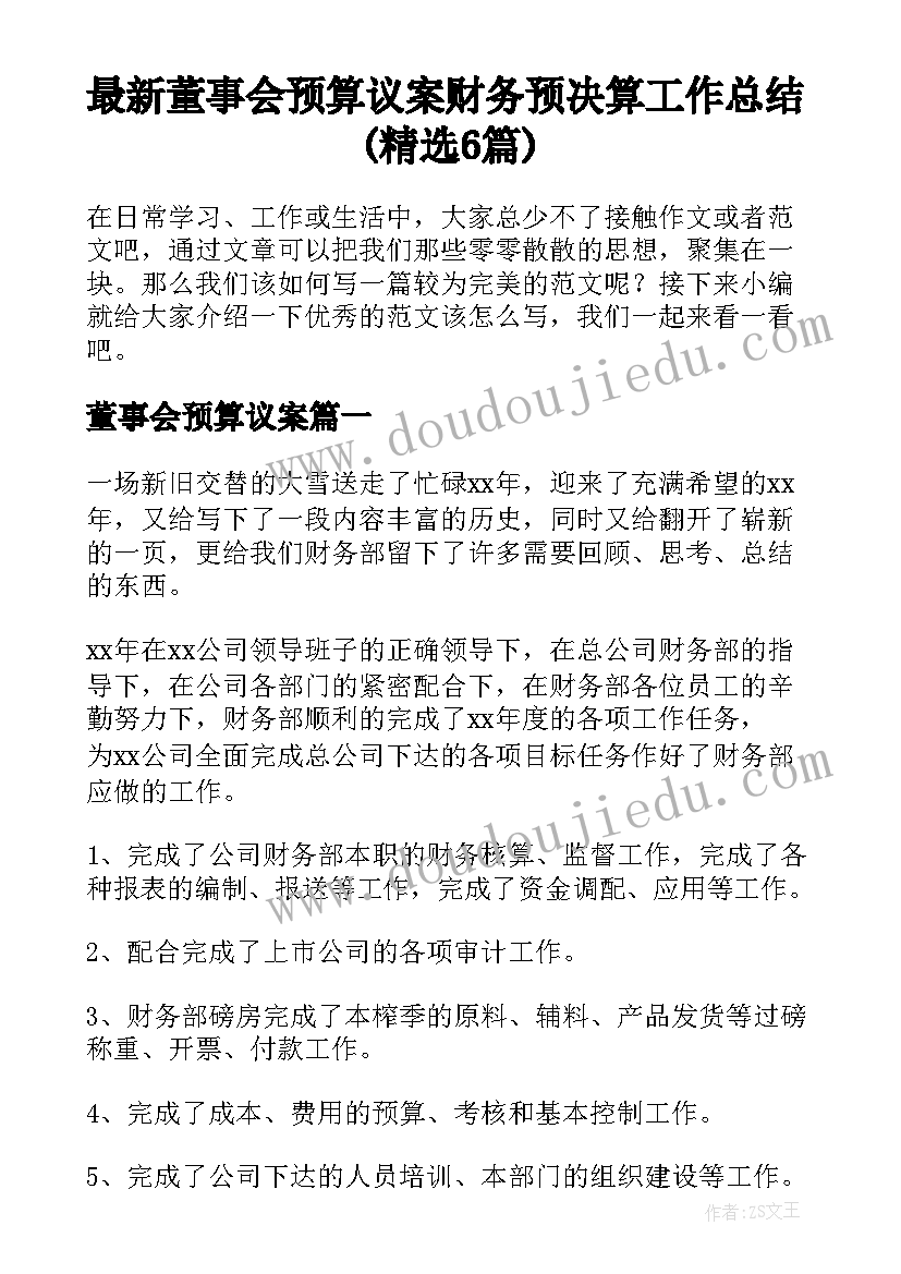 最新董事会预算议案 财务预决算工作总结(精选6篇)