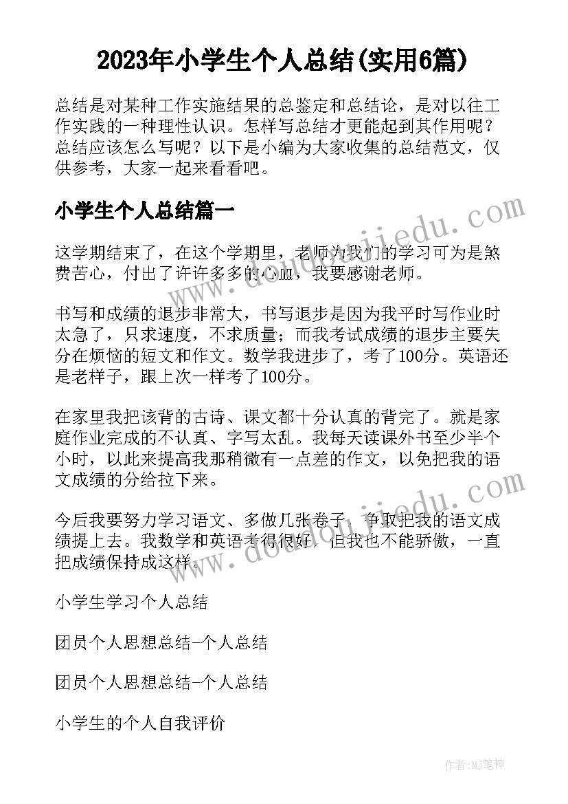 2023年小学生个人总结(实用6篇)