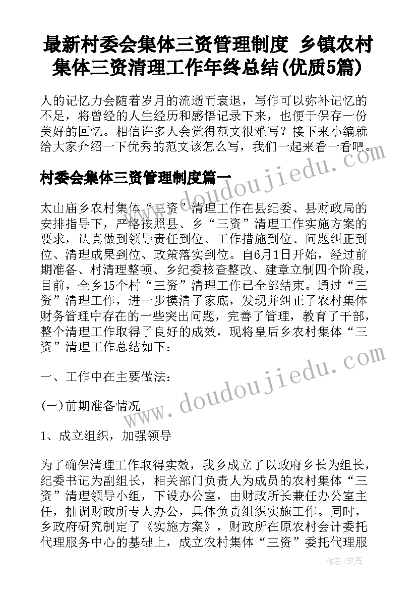 最新村委会集体三资管理制度 乡镇农村集体三资清理工作年终总结(优质5篇)