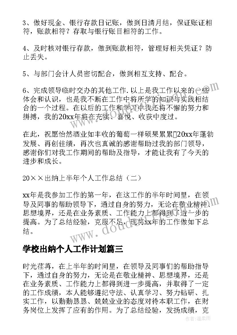 最新学校出纳个人工作计划 出纳个人上半年工作总结(实用5篇)