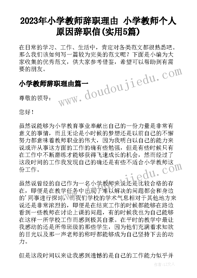 2023年小学教师辞职理由 小学教师个人原因辞职信(实用5篇)