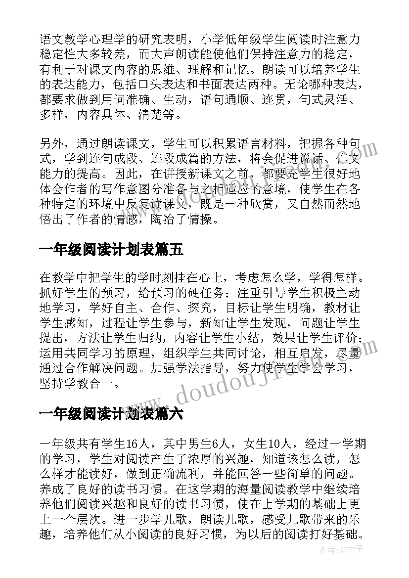 最新一年级阅读计划表 一年级阅读教学计划(汇总7篇)