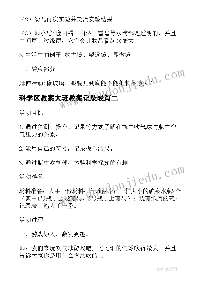 2023年科学区教案大班教案记录表(模板5篇)