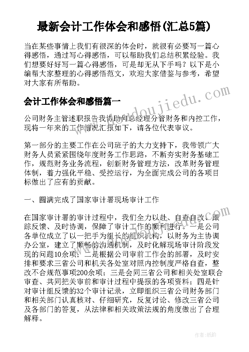 最新会计工作体会和感悟(汇总5篇)