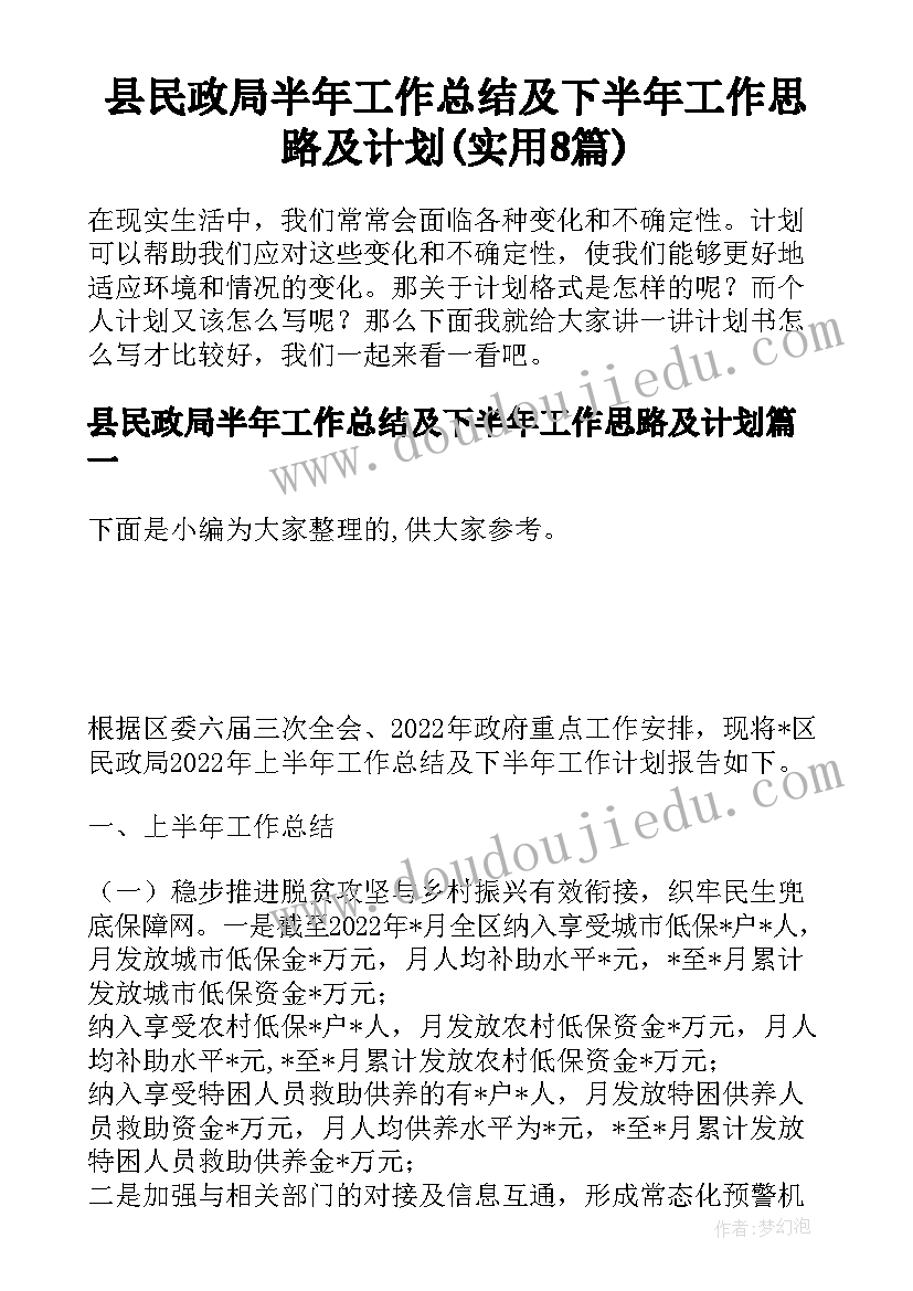 县民政局半年工作总结及下半年工作思路及计划(实用8篇)