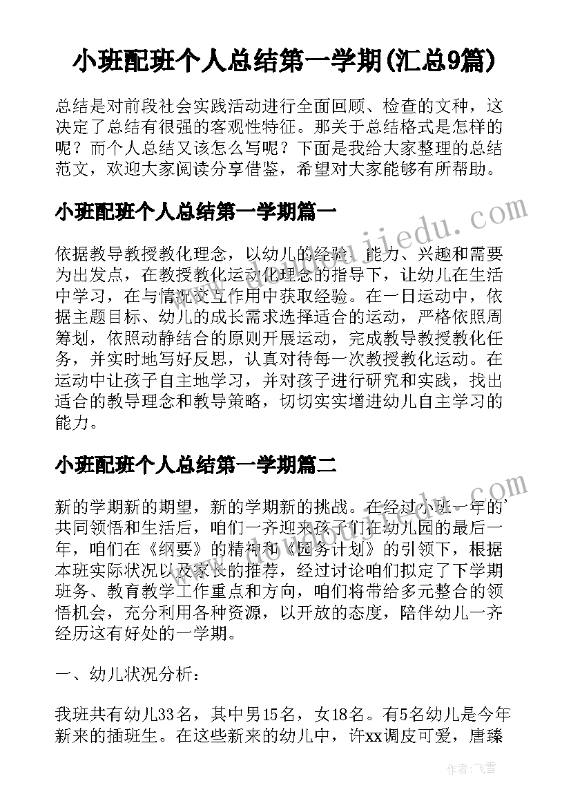 小班配班个人总结第一学期(汇总9篇)