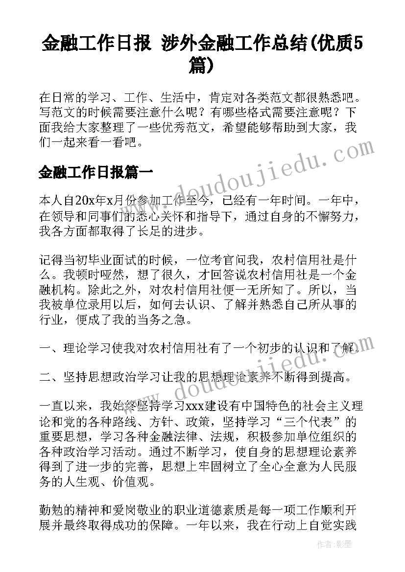 金融工作日报 涉外金融工作总结(优质5篇)