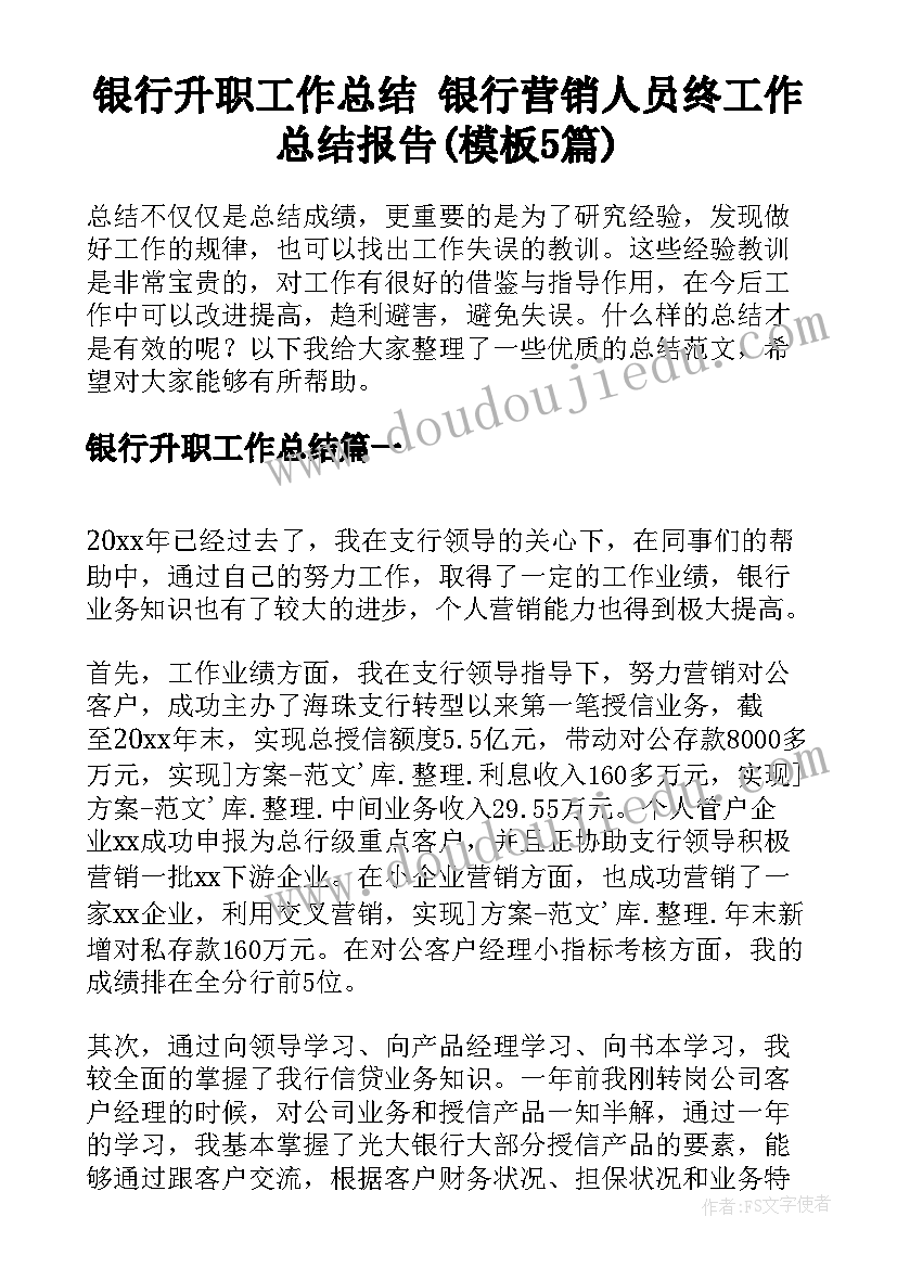 银行升职工作总结 银行营销人员终工作总结报告(模板5篇)