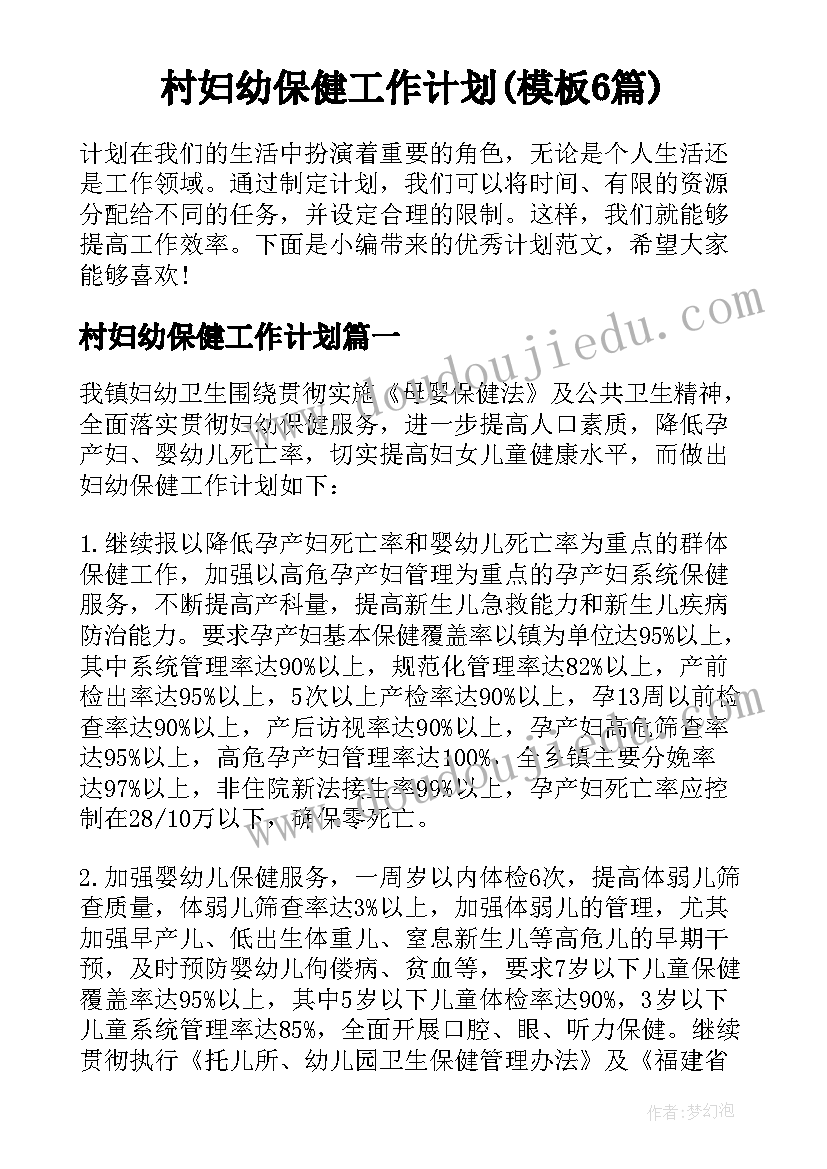 村妇幼保健工作计划(模板6篇)