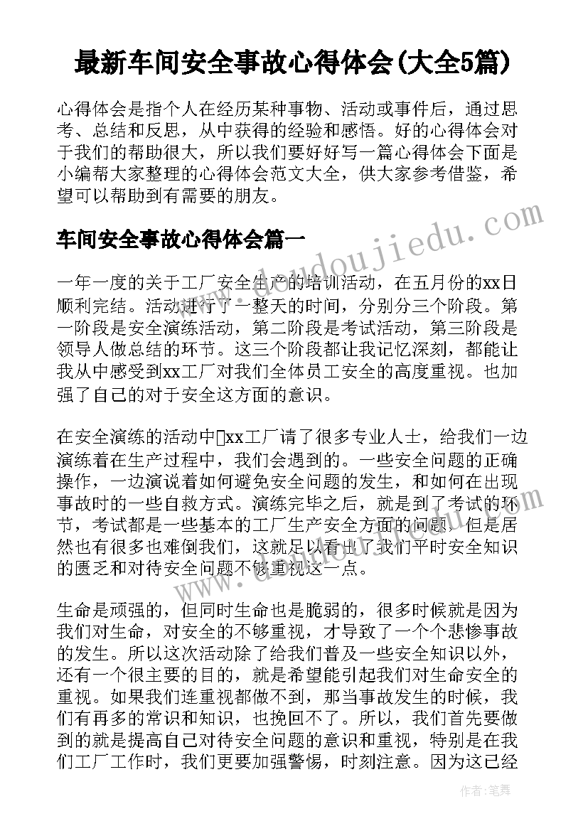 最新车间安全事故心得体会(大全5篇)