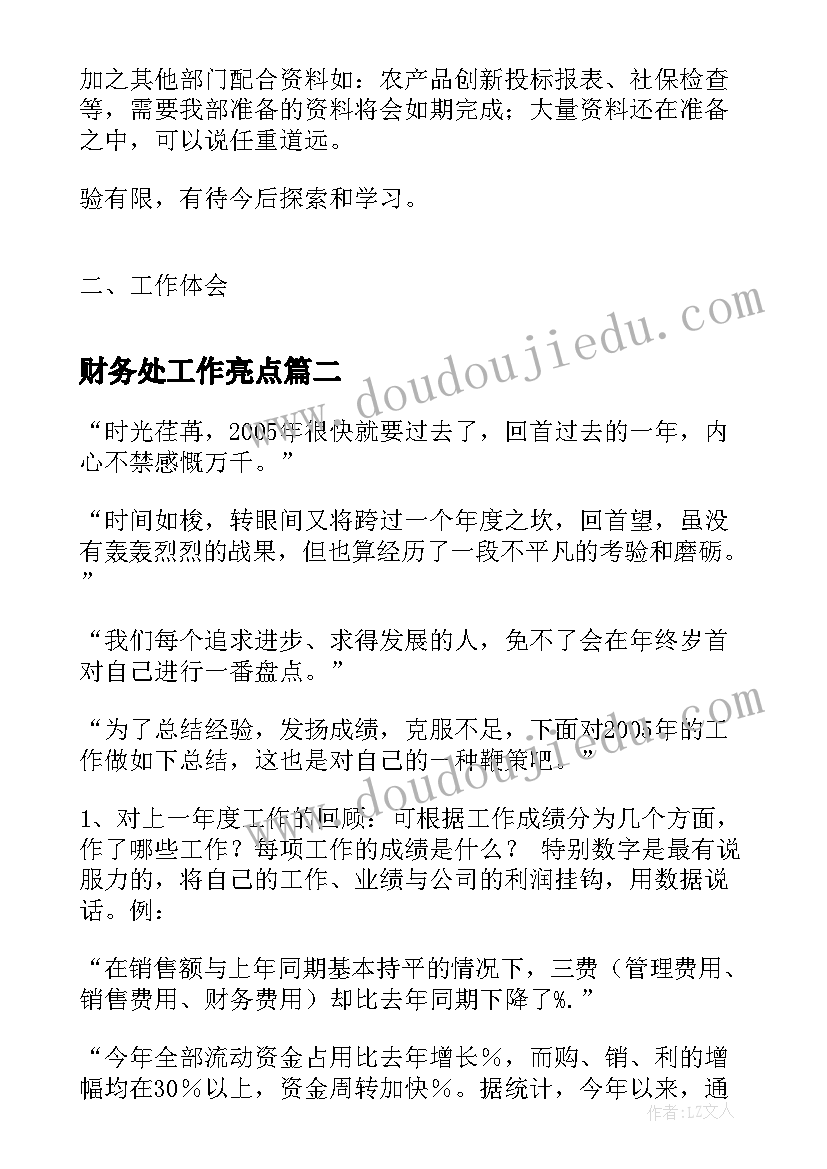 财务处工作亮点 财务工作总结提纲财务部门工作总结亮点(实用5篇)