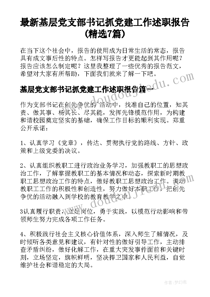 最新基层党支部书记抓党建工作述职报告(精选7篇)