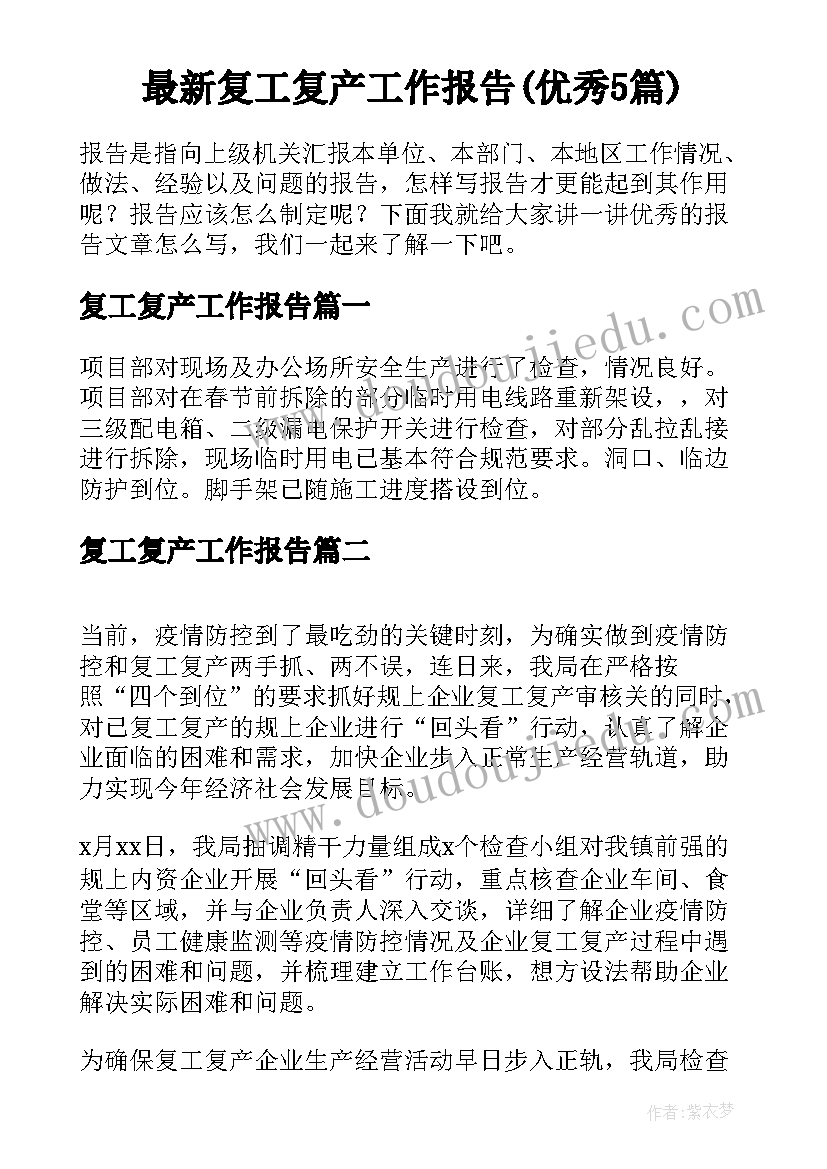 最新复工复产工作报告(优秀5篇)