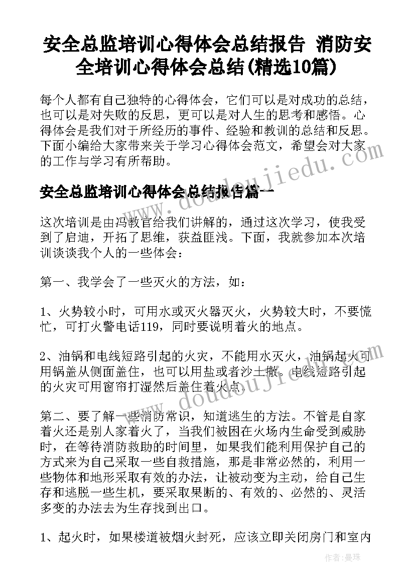 安全总监培训心得体会总结报告 消防安全培训心得体会总结(精选10篇)