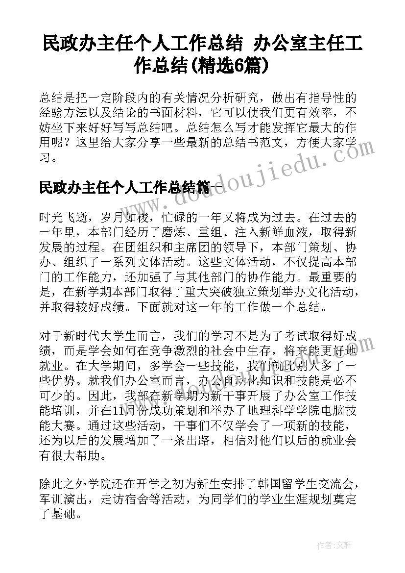 民政办主任个人工作总结 办公室主任工作总结(精选6篇)