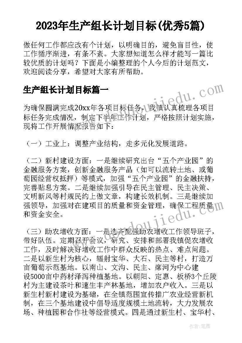 2023年生产组长计划目标(优秀5篇)