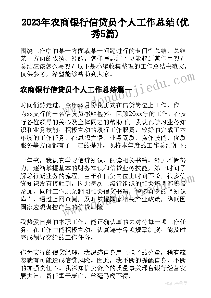 2023年农商银行信贷员个人工作总结(优秀5篇)