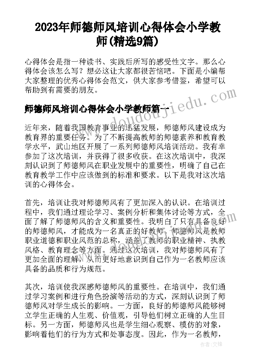 2023年师德师风培训心得体会小学教师(精选9篇)