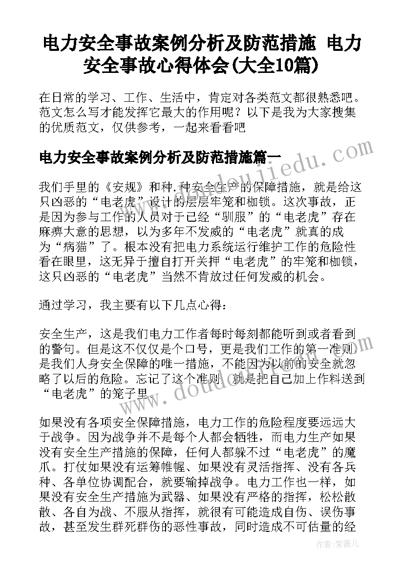 电力安全事故案例分析及防范措施 电力安全事故心得体会(大全10篇)