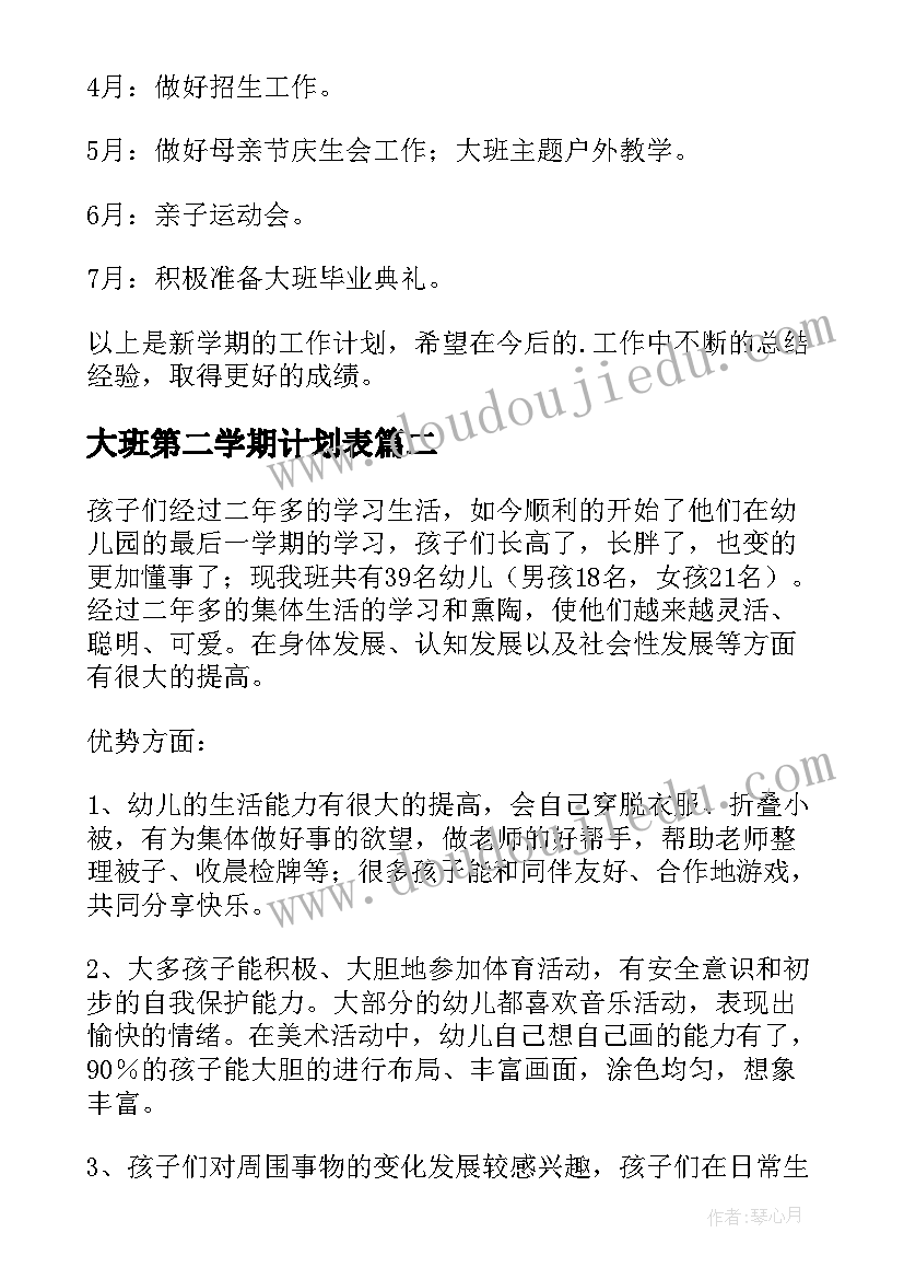 最新大班第二学期计划表 大班个人计划第二学期(实用6篇)