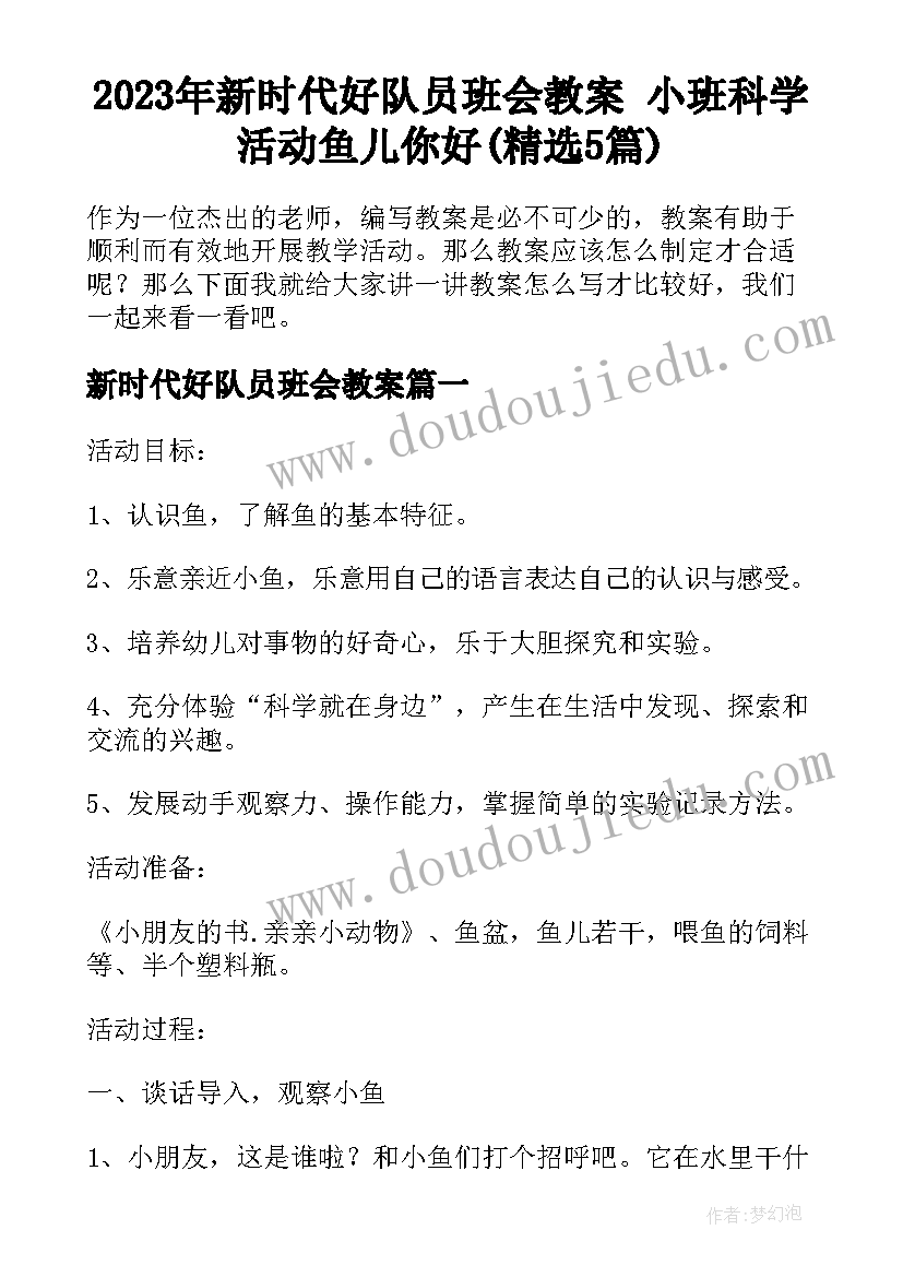 2023年新时代好队员班会教案 小班科学活动鱼儿你好(精选5篇)