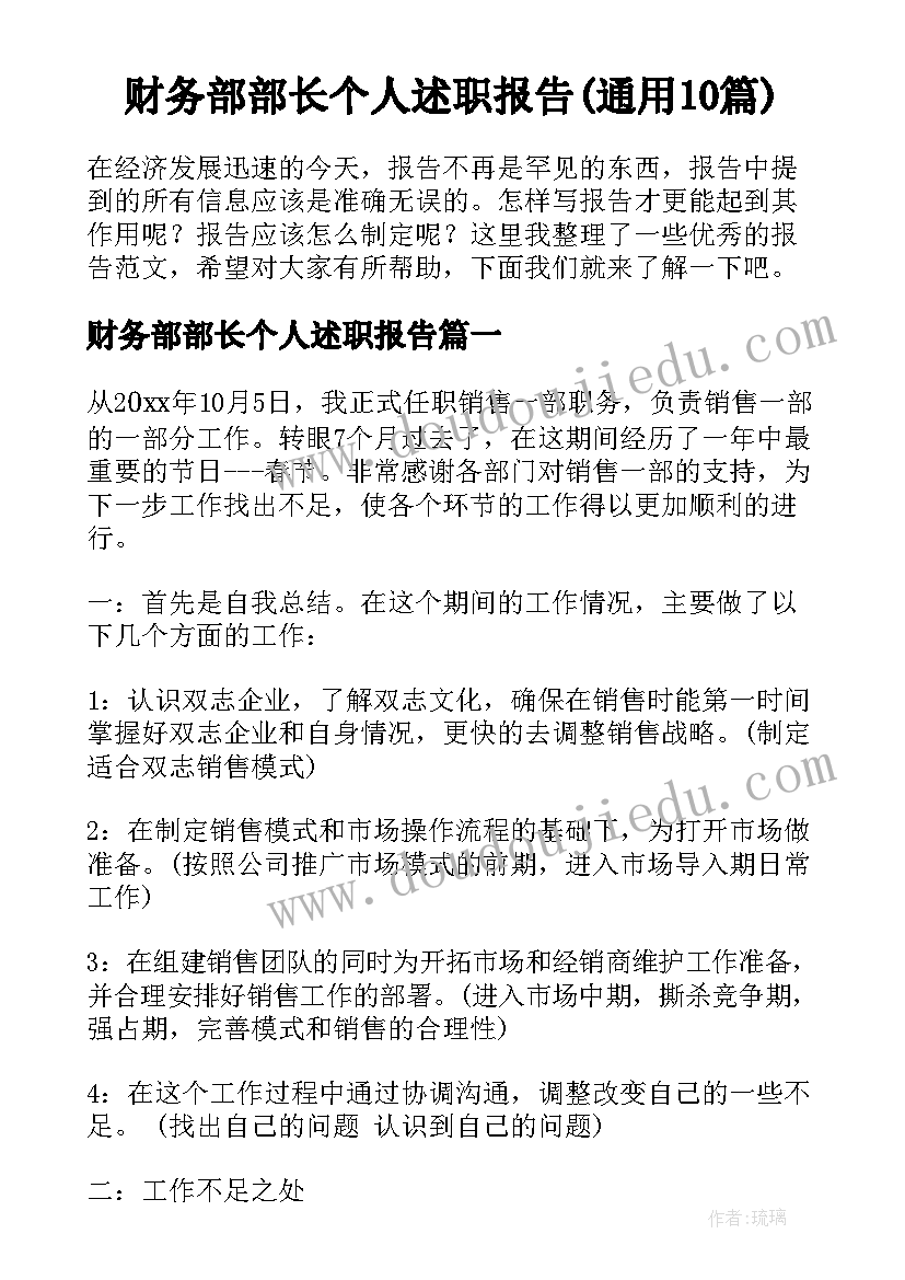 财务部部长个人述职报告(通用10篇)