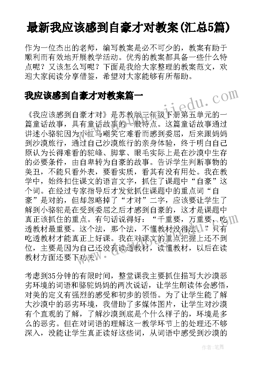 最新我应该感到自豪才对教案(汇总5篇)