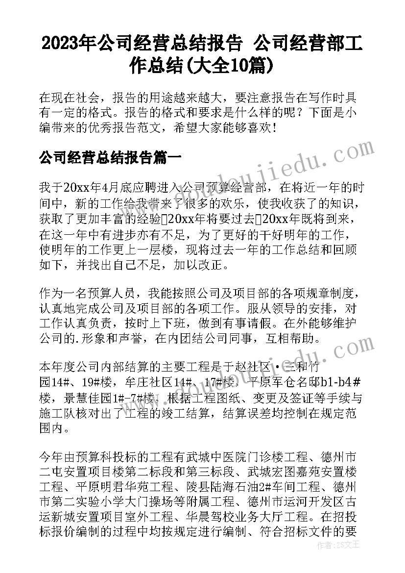 2023年公司经营总结报告 公司经营部工作总结(大全10篇)