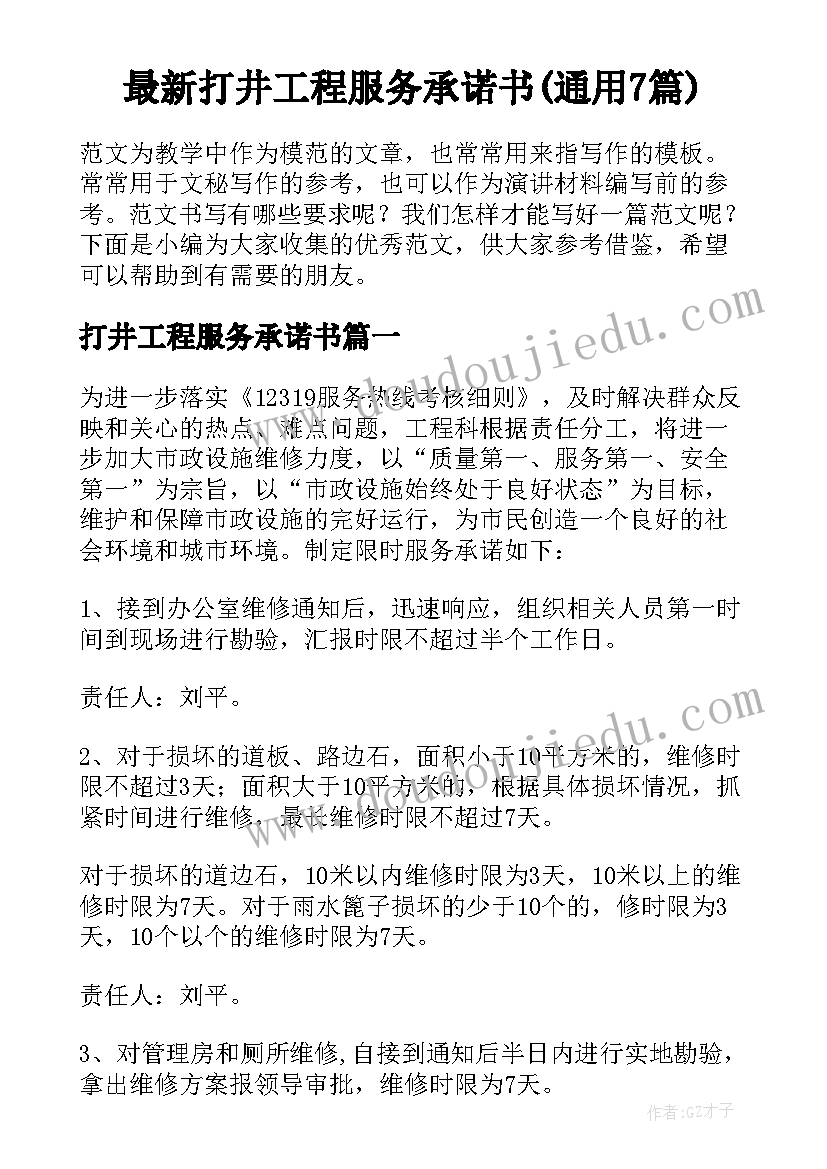 最新打井工程服务承诺书(通用7篇)