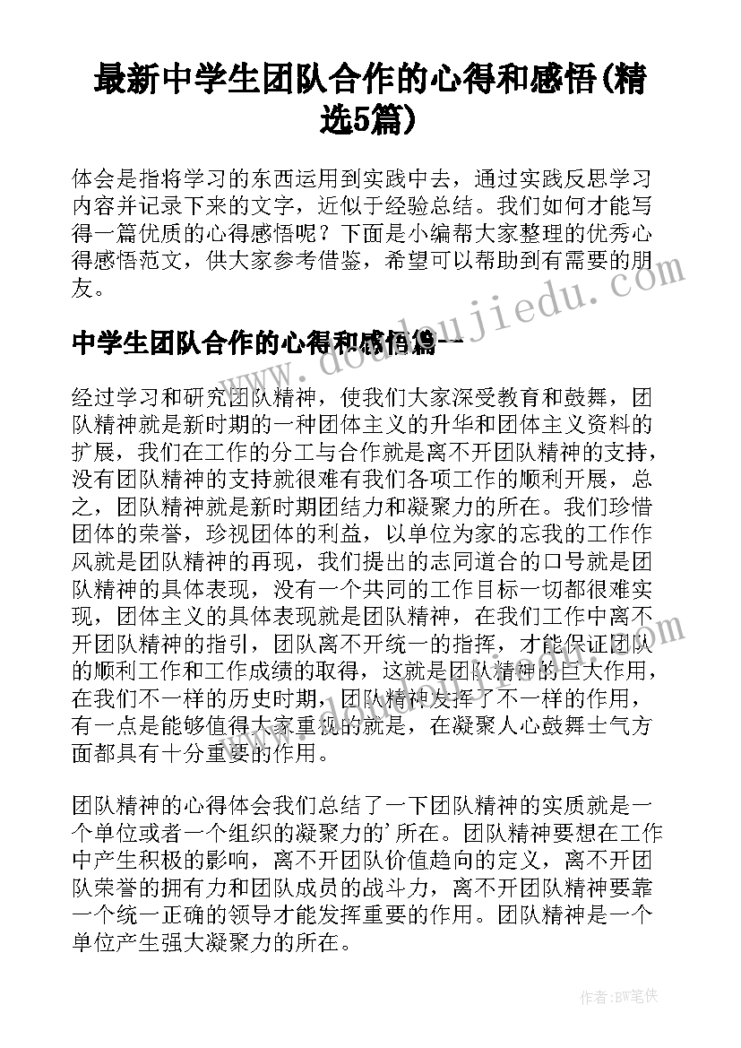 最新中学生团队合作的心得和感悟(精选5篇)