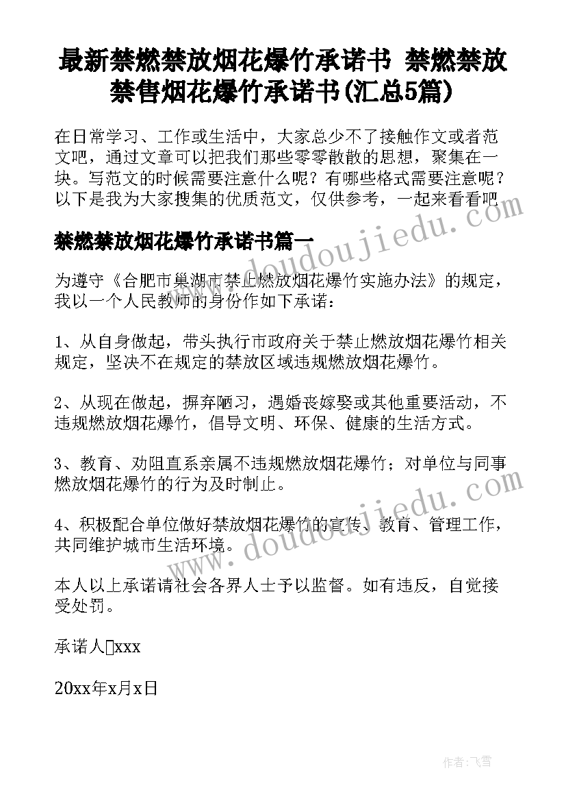 最新禁燃禁放烟花爆竹承诺书 禁燃禁放禁售烟花爆竹承诺书(汇总5篇)