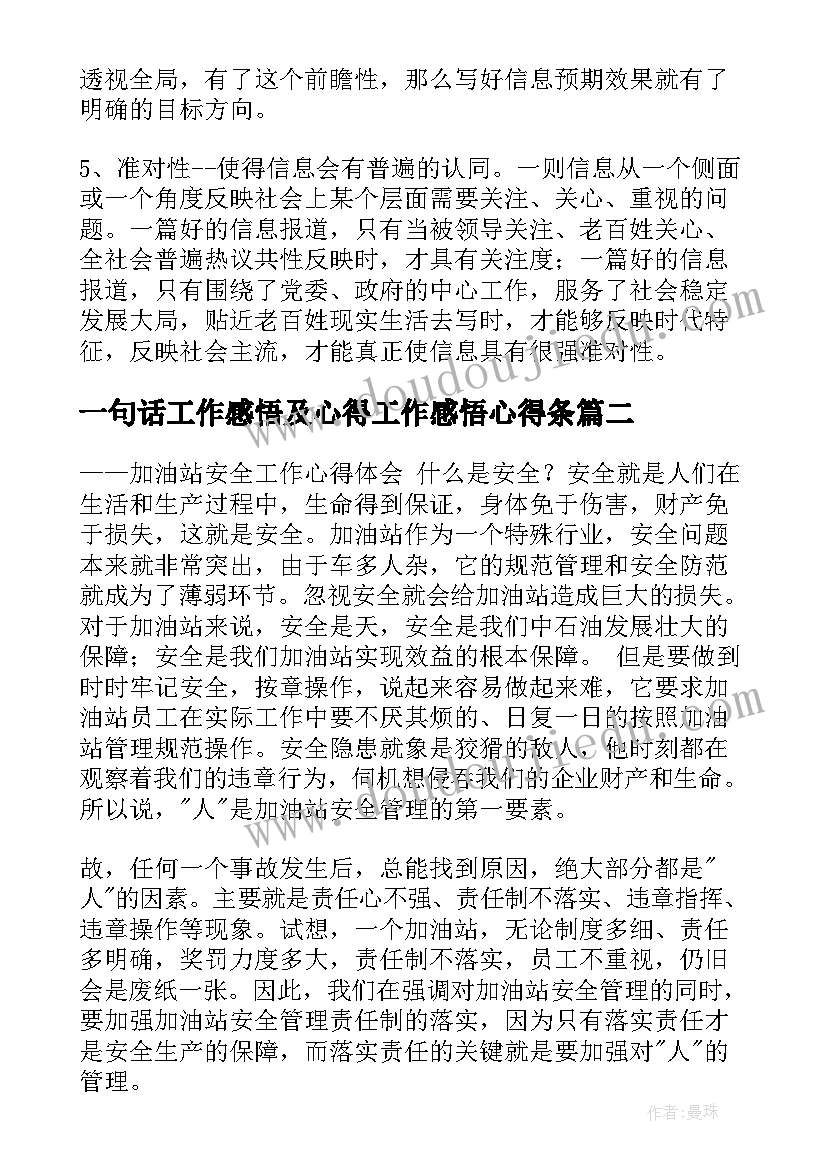 最新一句话工作感悟及心得工作感悟心得条 工作学习心得体会(优质9篇)