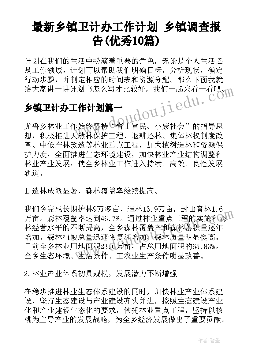 最新乡镇卫计办工作计划 乡镇调查报告(优秀10篇)