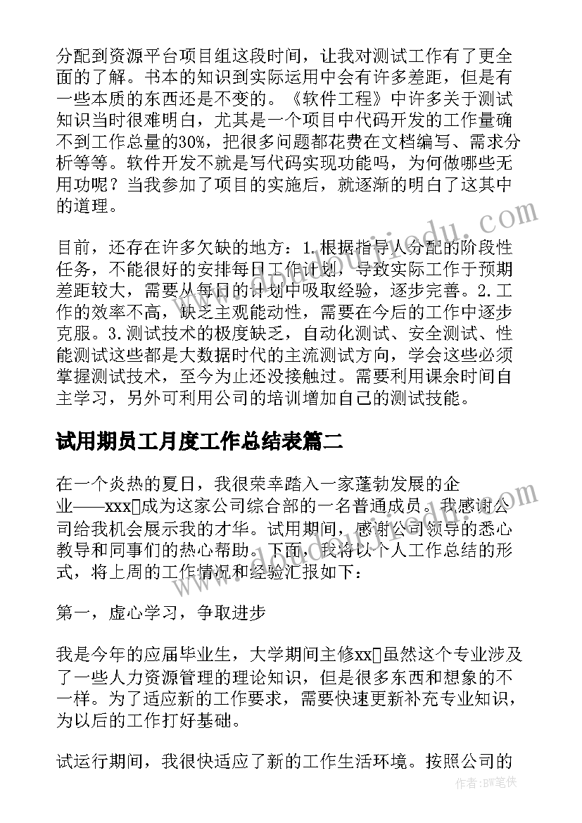 试用期员工月度工作总结表(通用7篇)